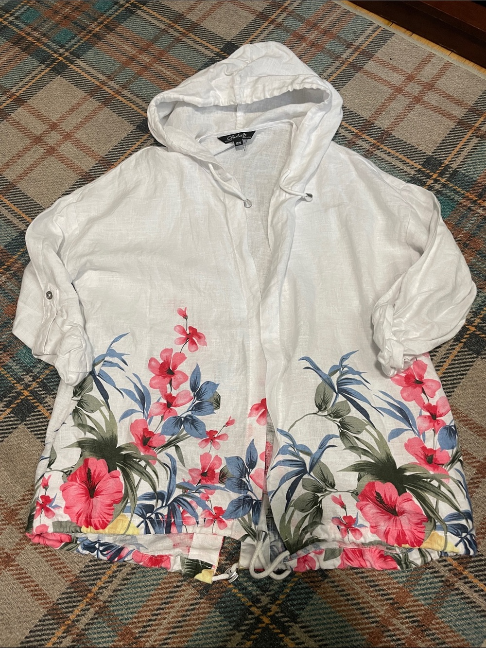 CHARLIE B White Hooded Linen-Blend Jacket with Pink & Blue Floral Print